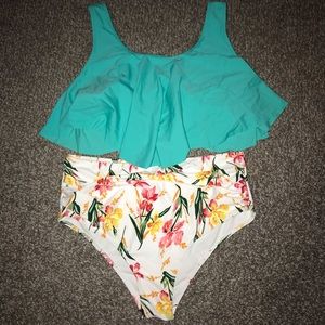 Plus Size Swimsuit Blue and Floral XXL